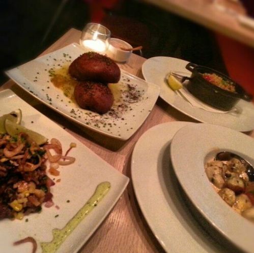 Escargot, beef ceviche, seafood dumplings and fois gras doughnuts @ Cowell & Hubbard