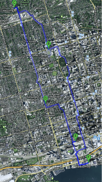 our approximate walking tour - included checking out Easton Centre Mall, Bloor Street shopping, and more along the way
