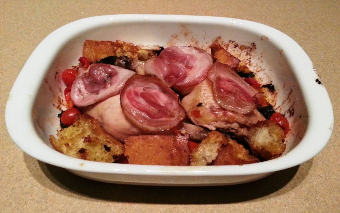One Dish Roasted Chicken With Pancetta, Olives, Tomato and Garlic