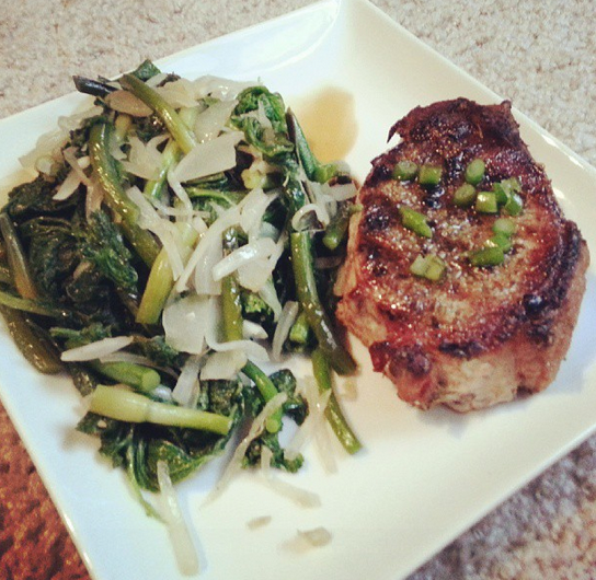 fresh fork pork, mustard greens and garlic scapes