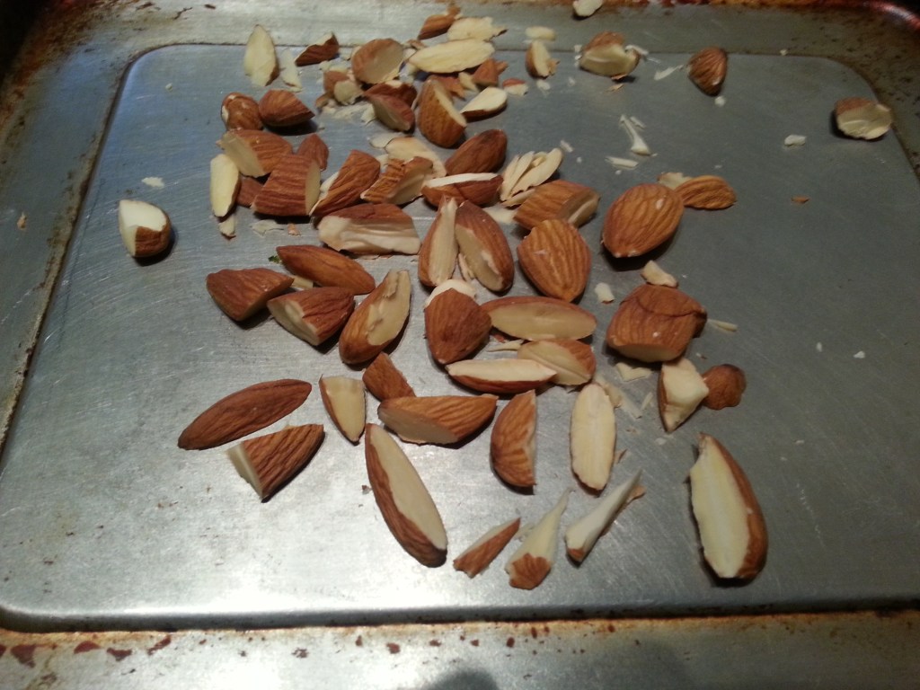 Finely chop the almonds and toast for 5-10 minutes at 350.