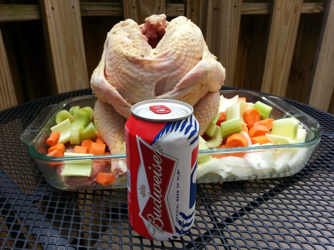 The chicken and the beer can meet ... it gets more awkward. (Yes, I have red/white/blue Bud cans)