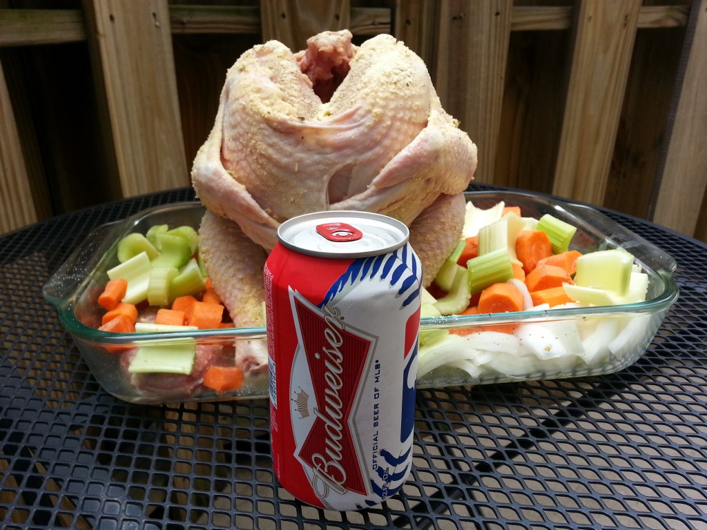 The chicken and the beer can meet ... it gets more awkward. (Yes, I have red/white/blue Bud cans)