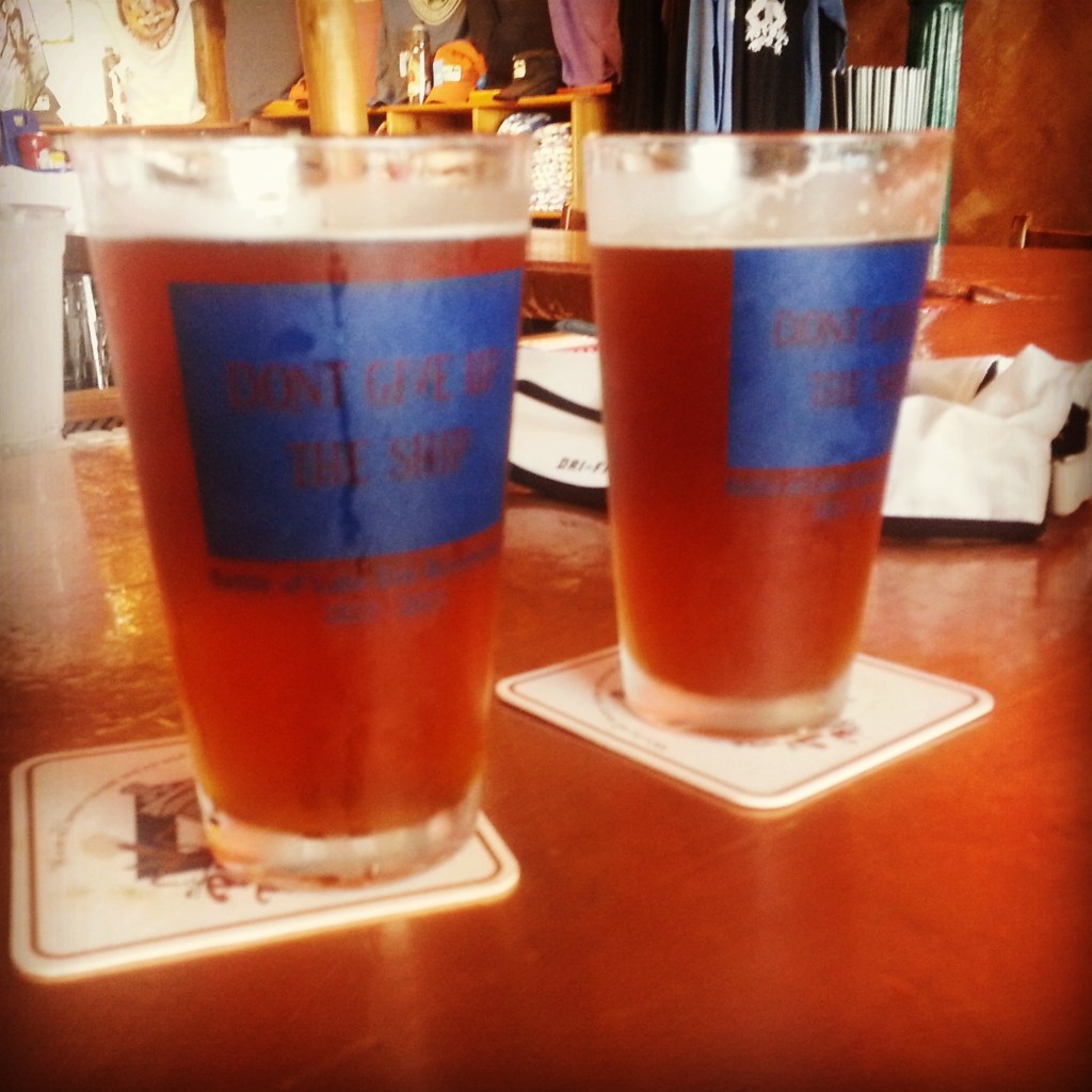 Our beers from the brewery. Kinda blurry/misty but the glasses say "Don't Give Up The Ship" which is on flags all over the island, just like the flag Commodore Perry hung on his ship!