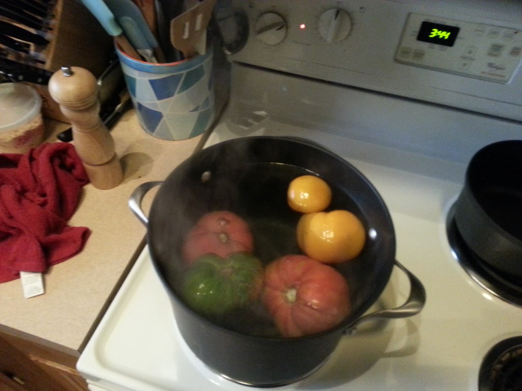 prepping tomatoes for homemade sauce