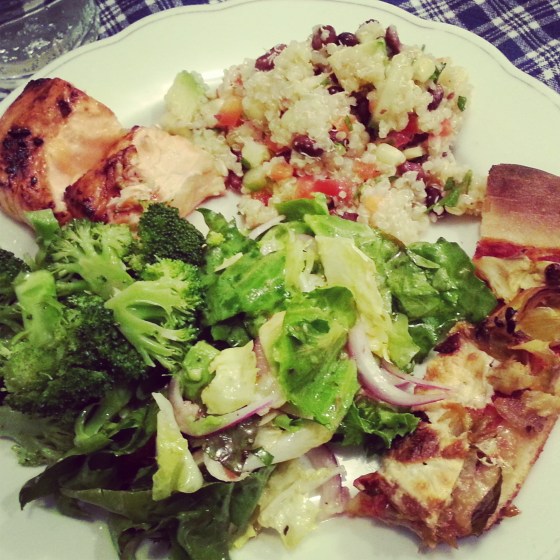 salmon, quinoa salad, pizza, broccoli, salad