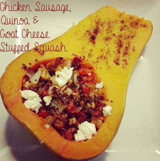 Chicken sausage quinoa and goat cheese stuffed butternut squash