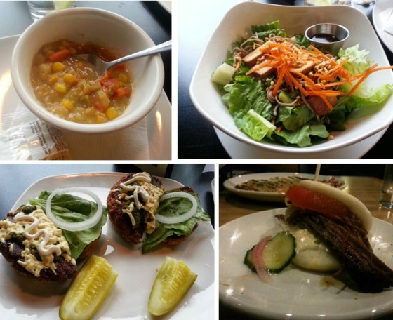 From top left, corn chowder from Flaming Ice Cube, Soba Noodle Salad from FI, Braised Beef Bun from Noodlecat, Pesto Burger from FI