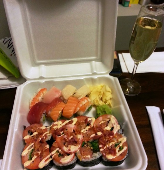 Rainbow roll and Danny's BLT from Sushi 86. And prosecco