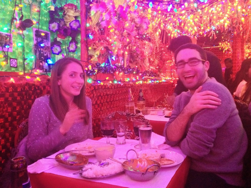 Dinner with Greg. We waited outside this Indian Restaurant for 30 minutes and then were allowed into a scene with TONS of holiday and pepper lights. 