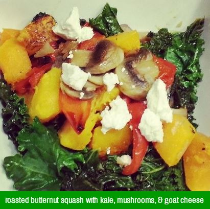 butternut squash kale, mushrooms, onions, roasted red pepper and goat cheese 