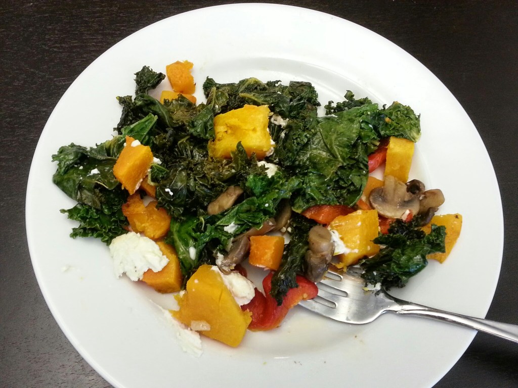 butternut squash with kale, mushrooms, onions, roasted red pepper and goat cheese - i crashed the web