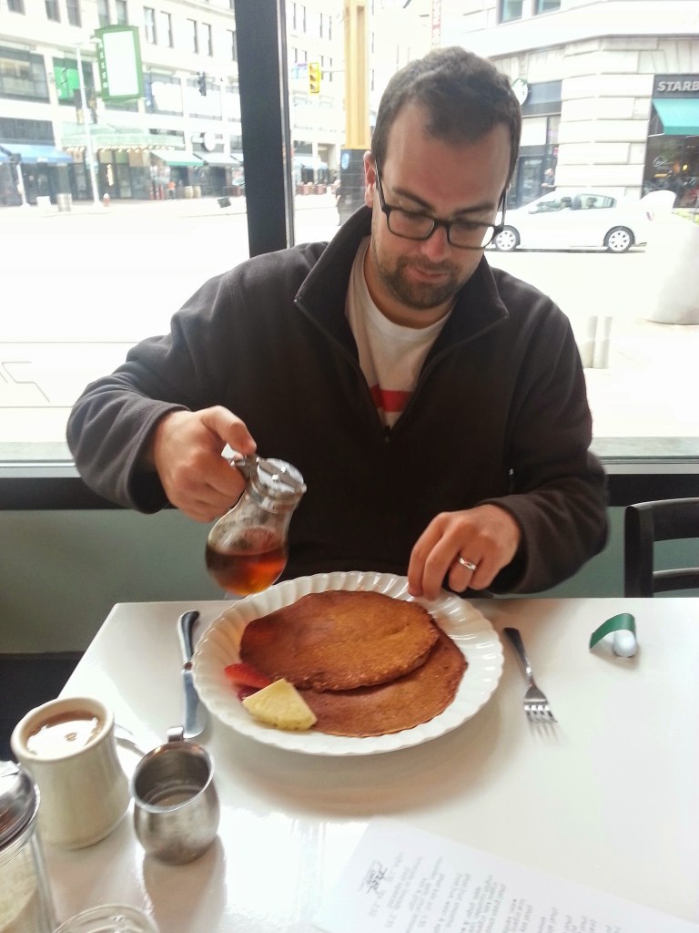B about to enjoy his dark chocolate pancakes