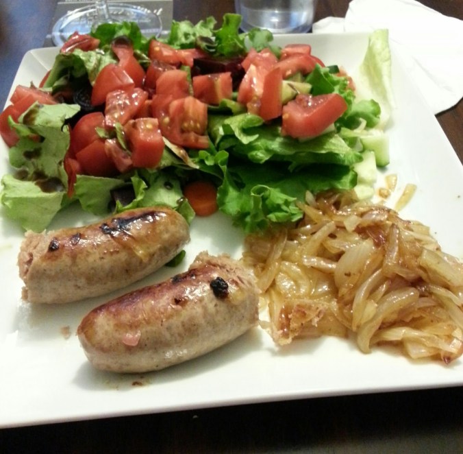 Fresh Fork-inspired dinner - brats, salad and fried onions