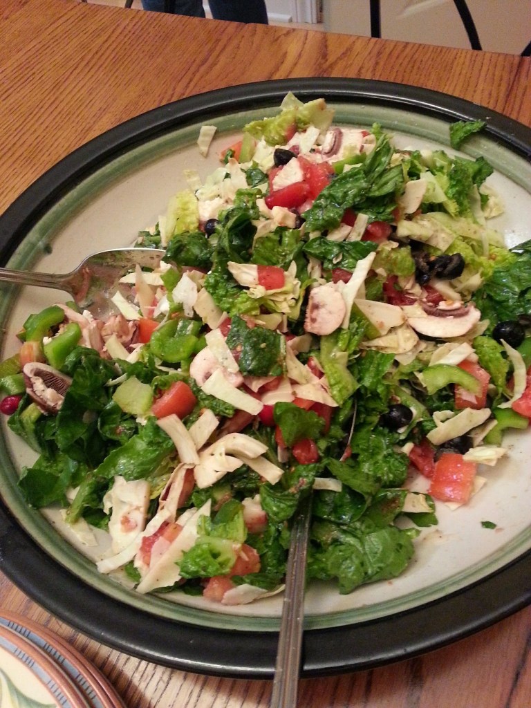 This salad was amazing. Tomato, mozzarella, lettuce, cabbage, mushrooms, peppers, and a fabulous dressing.