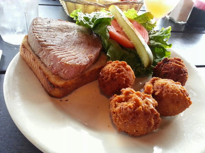 post-race lunch - ahi tuna sandwich and hush puppies!