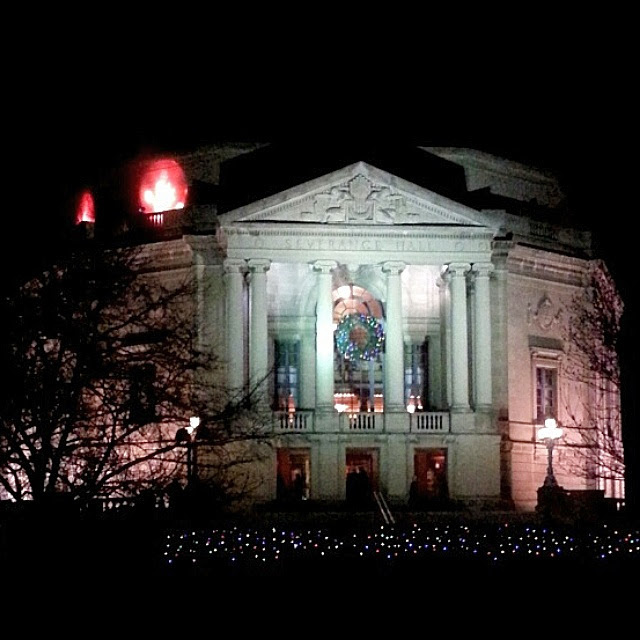 Severance Hall, home of the Cleveland Orchestra, lit up for the holidays
