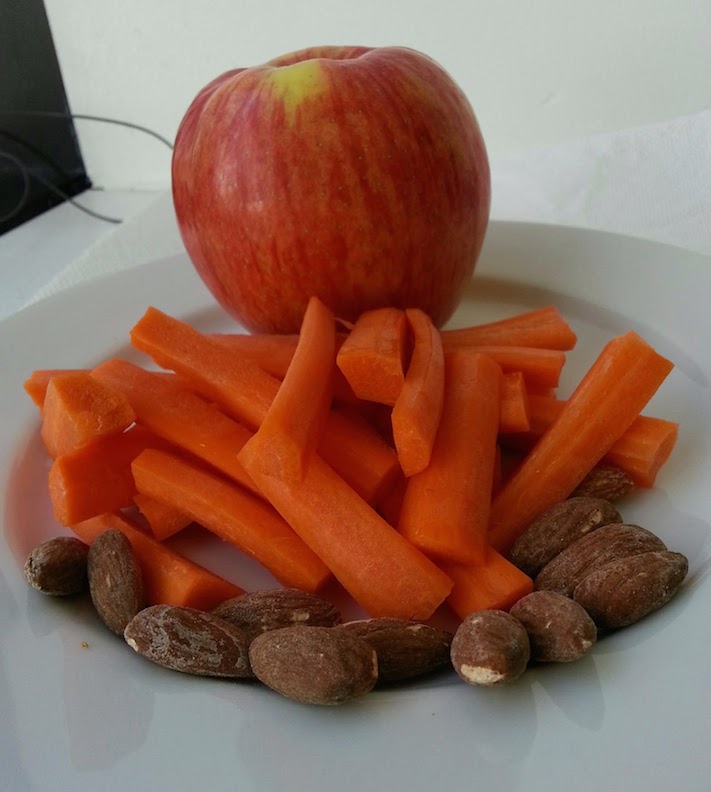 my three snacks - almonds, carrots and apple