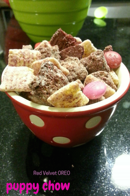 red velvet oreo puppy chow for valentine's day