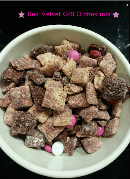 red velvet oreo puppy chow chex mix for valentine's day
