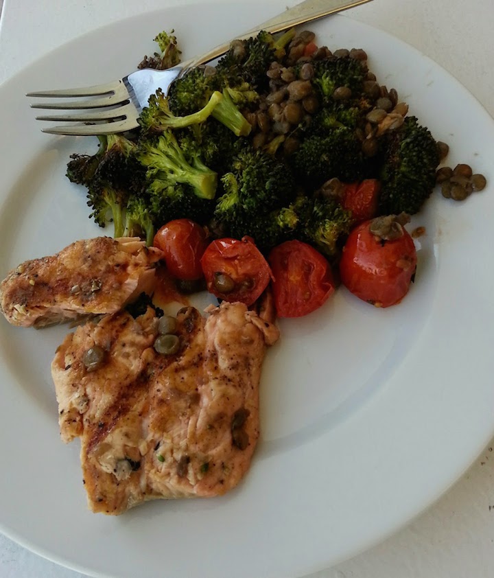 Salmon, lentils, roasted broccoli and tomatoes. Yes, my lunches often look like a dinner.