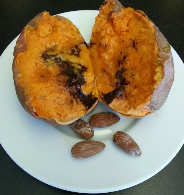 Probably about a handful of almonds - 12ish? - with my sweet potato. Some are hiding. 