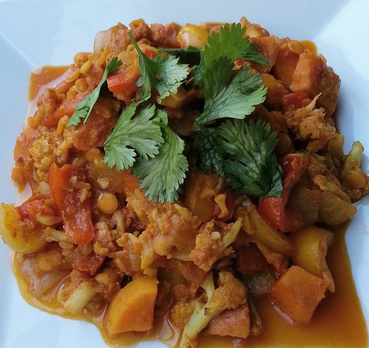 Curried lentils with sweet potato and cauliflower