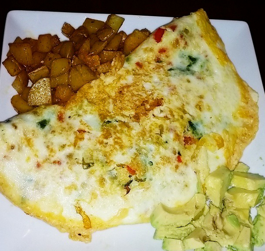 breakfast for dinner! egg white omelets with potatoes, peppers, onions and avocado 