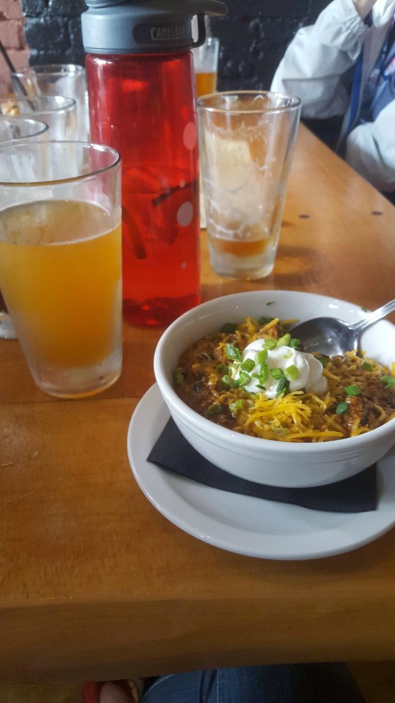 post-race refueling. Beers and chorizo bean chili!