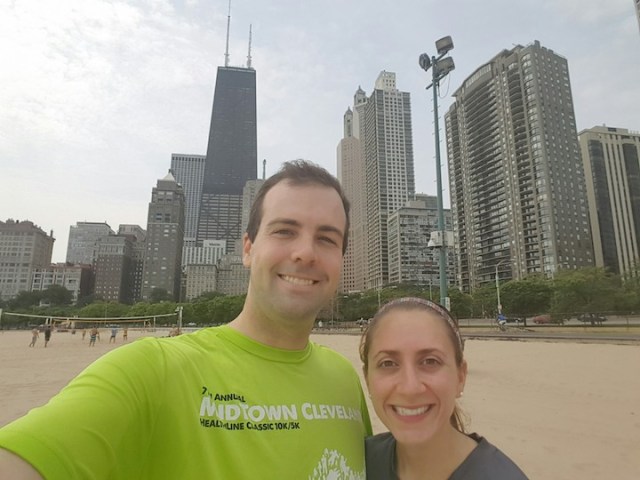 Running. On the beach with the Chicago skyline behind us
