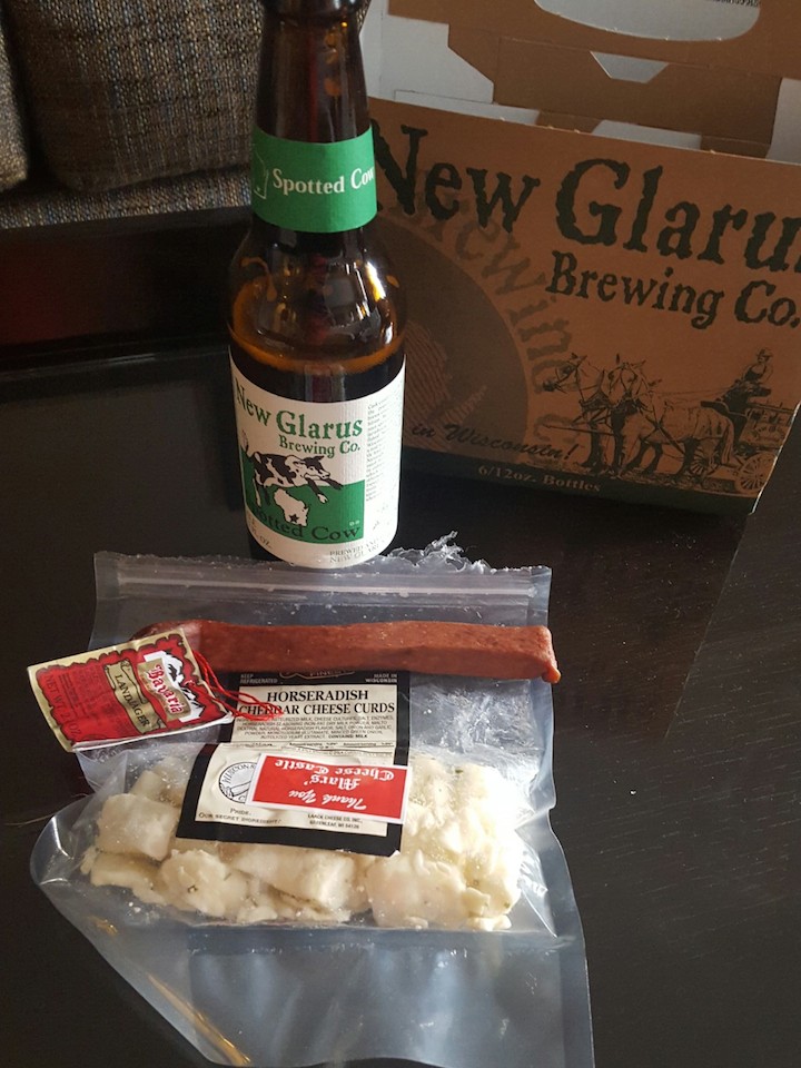Goodies from the Cheese castle. Beer, cheese curds and meat stick. #healthy