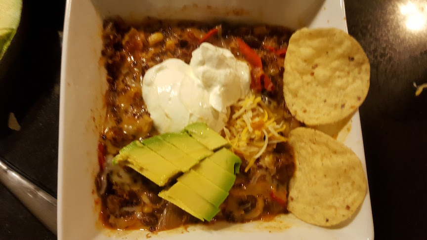 blurry dinner pic (many more tortilla chips consumed but not pictured)